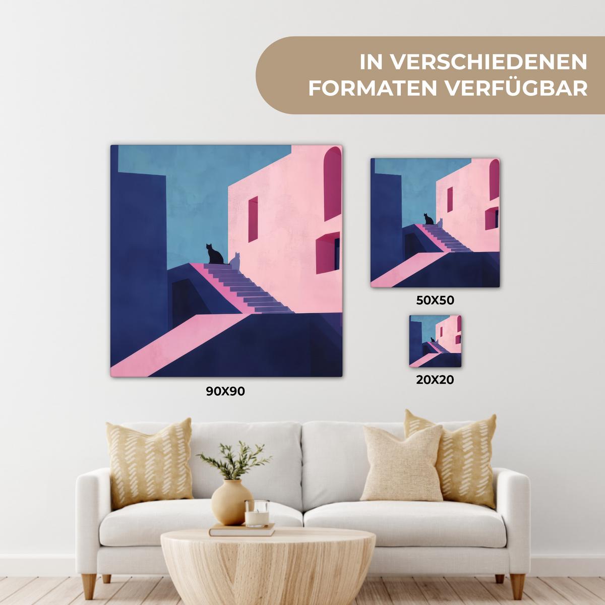LEINWANDBILD Katze - Treppe - Gebäude - Schattenkontraste Deko Wohnzimmer 20x20 cm - Dunkelblau, Textil (20/20cm) - MuchoWow