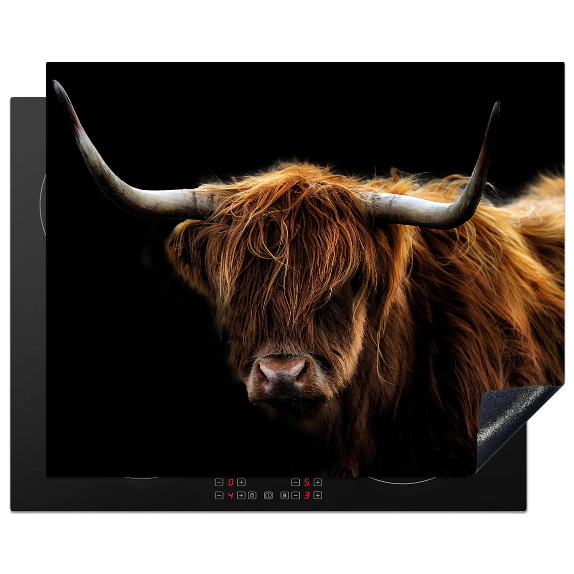 HERDABDECKPLATTE Schottischer Highlander - Hörner - Schwarz - Tiere - Natur - Wild - Kuh Herdabdeckung Induktionsfeld 65x52 cm - Cognac, Kunststoff (65/52/0.2cm) - MuchoWow