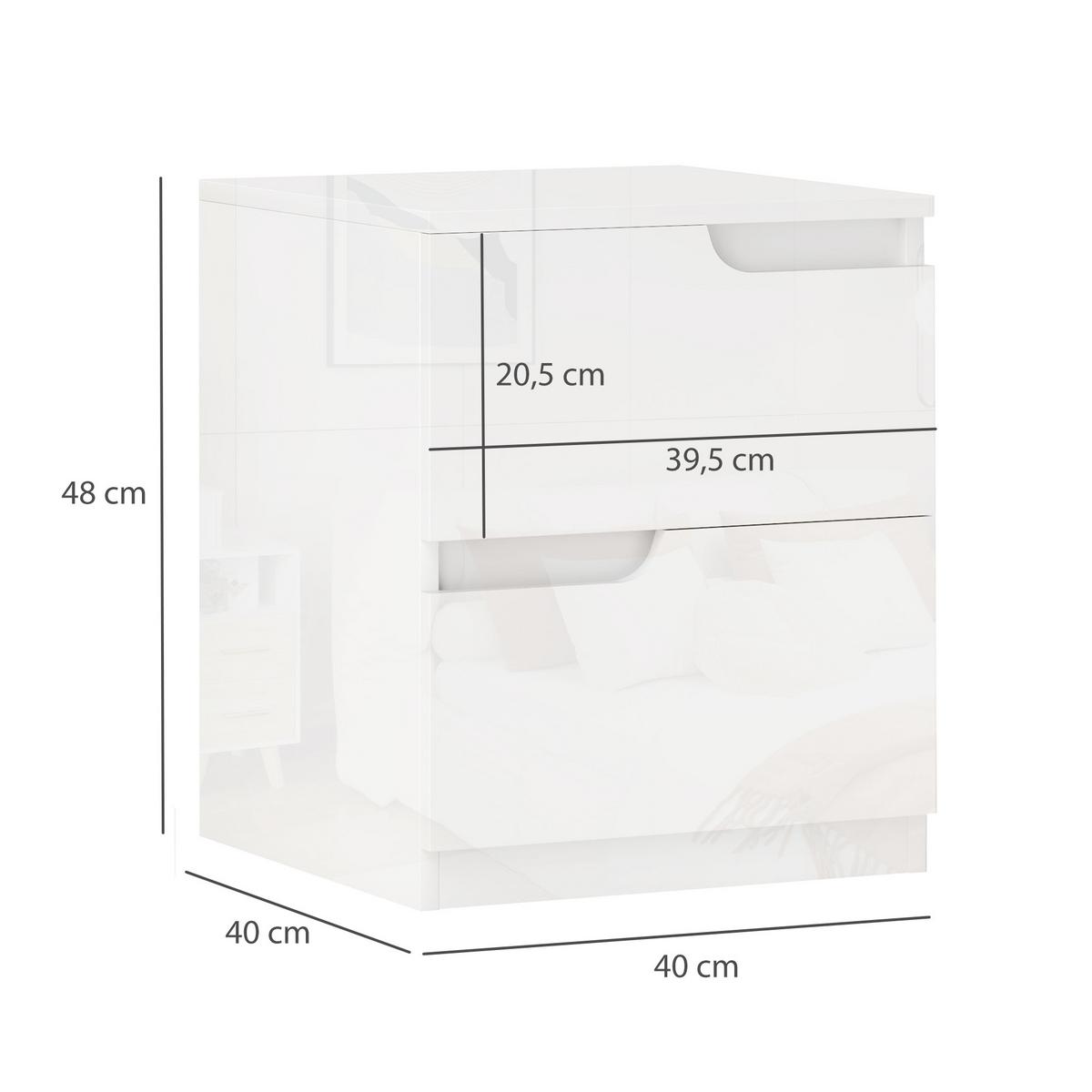 NACHTSCHRANK mit 2 Schubladen, 40 x 40 x 48 cm, Hochglanzweiß - Weiß, Holzwerkstoff (40/48/40cm) - HOMCOM