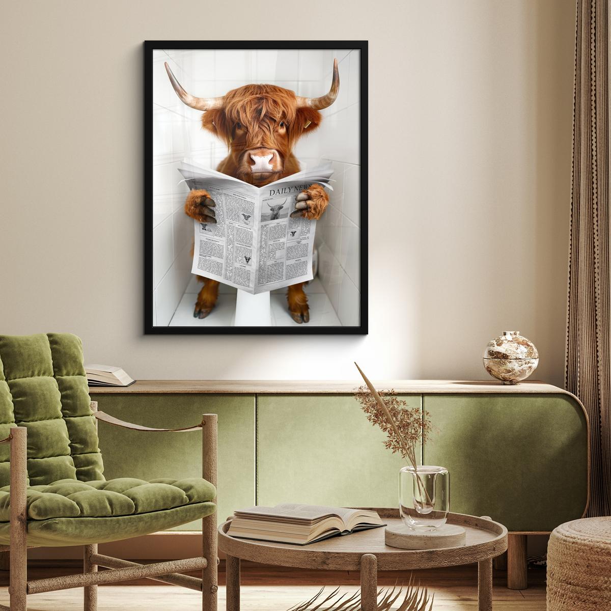 POSTER MIT RAHMEN Schottischer Highlander - Tier - Zeitung - Toilette Posterleiste 60x80 cm - Kastanienfarben, Papier (60/80cm) - MuchoWow