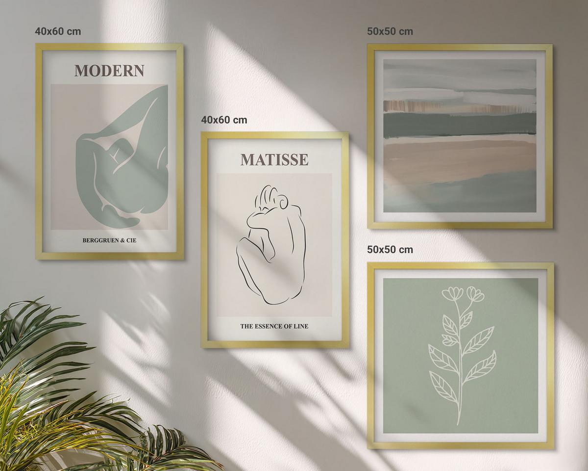 BILDER SET 4er Set - 50x50 cm & 40x60 cm Goldrahmen - Abstrakte Pflanzenformen - Goldfarben, Kunststoff (50/50cm) - TULUP