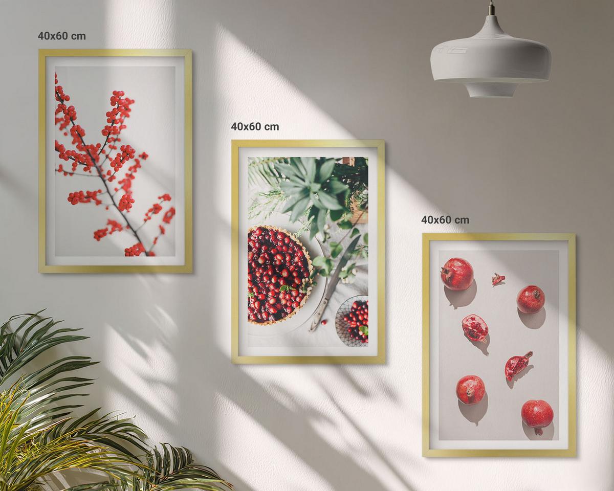 BILDER SET 3er Set - 40x60 cm Goldrahmen - Minimalismus der roten Früchte von Pflanzen - Goldfarben, Kunststoff (40/60cm) - TULUP