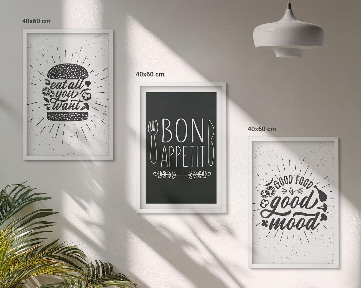 BILDER SET 3er Set - 40x60 cm Weißer Rahmen - Grafiken, Lebensmittel, kulinarische Slogans - Weiß, Kunststoff (40/60cm) - TULUP
