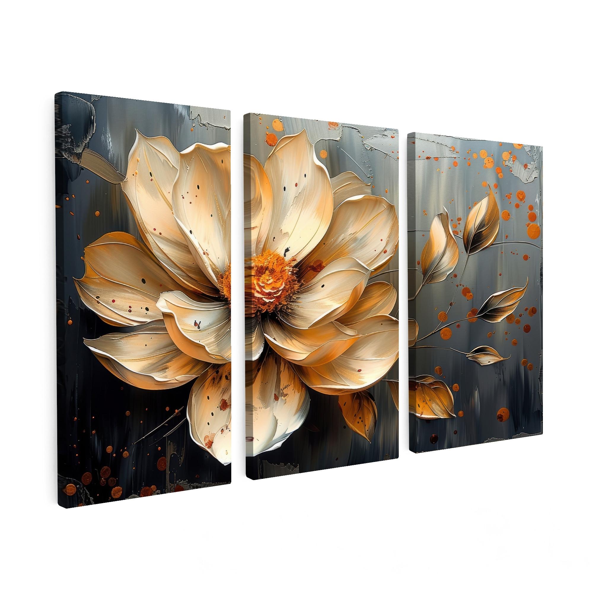 LEINWANDBILD 3er Set Blume - Gold - Abstrakt - Farbe 60x40 cm - Creme, Textil (60/40cm) - MuchoWow