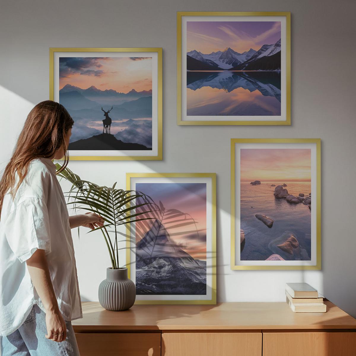 BILDER SET 4er Set - 50x50 cm & 40x60 cm Goldrahmen - Landschaften Berge Seen jelen - Goldfarben, Kunststoff (50/50cm) - TULUP