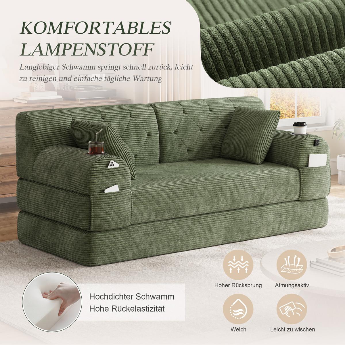 SCHLAFSOFA 2-in-1 Doppelschlafsofa Chenille Ausklappbar - Grün, Textil (168/81/80cm) - Urban Meuble