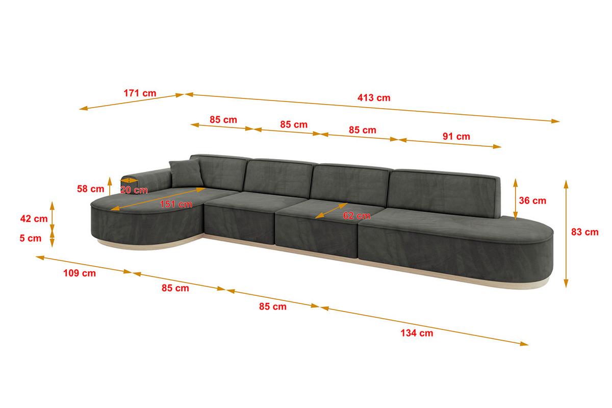 ECKSOFA Ottomane Links MARI-L3-v1 - 413x171x83 cm Dunkelgrau Velours - Dunkelgrau, Holzwerkstoff/Textil (413/171cm) - ALTDECOR