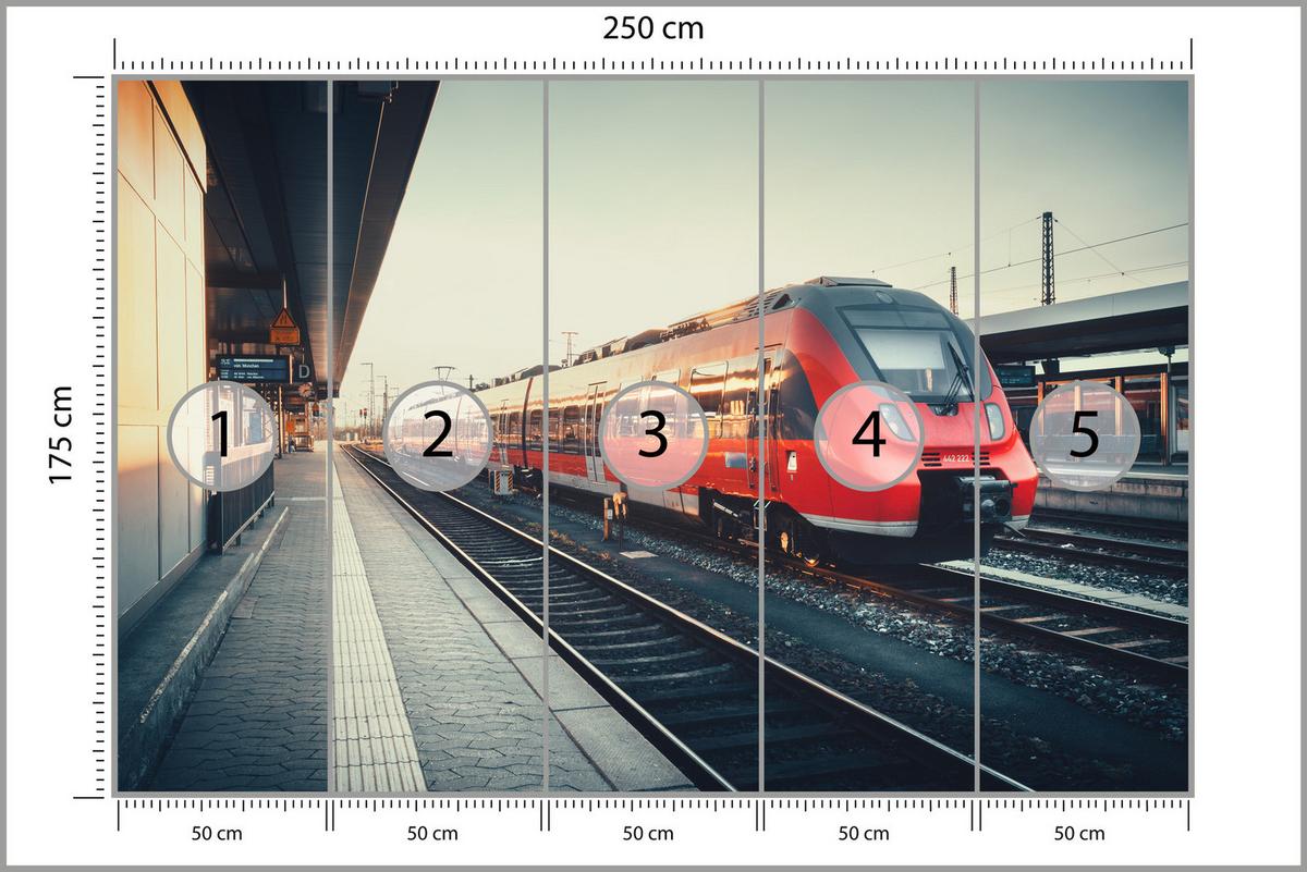 FOTOTAPETE für Wohnzimmer Moderner Roter Zug Bahnhof Geleise 250x175 - Rot/Braun, Papier (250/175cm) - Muralo