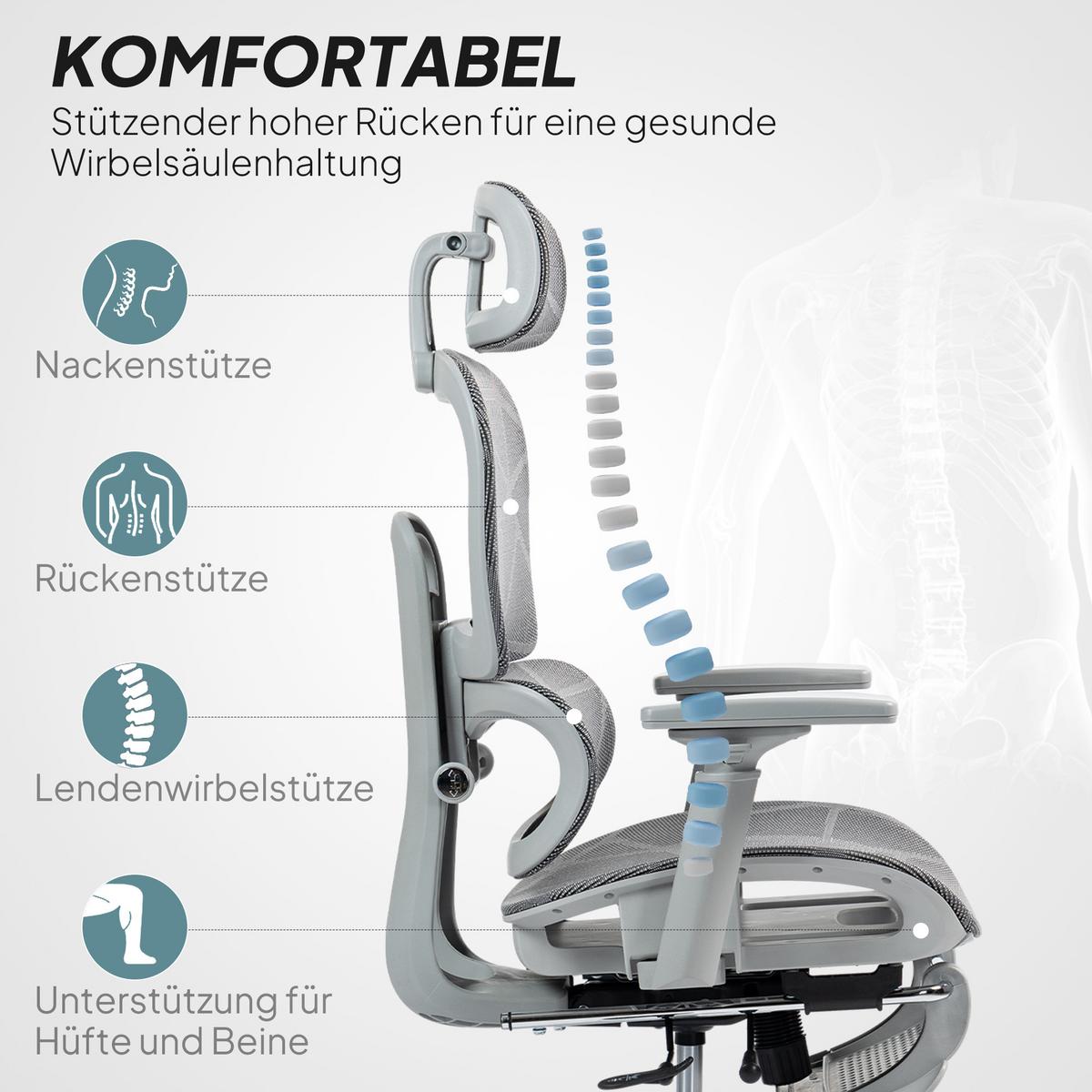 BÜROSTUHL Schreibtischstuhl mit Armlehne Kopfstütze Lendenwirbelstütze Grau - Grau, Kunststoff/Textil (64/122/66cm) - HOMCOM