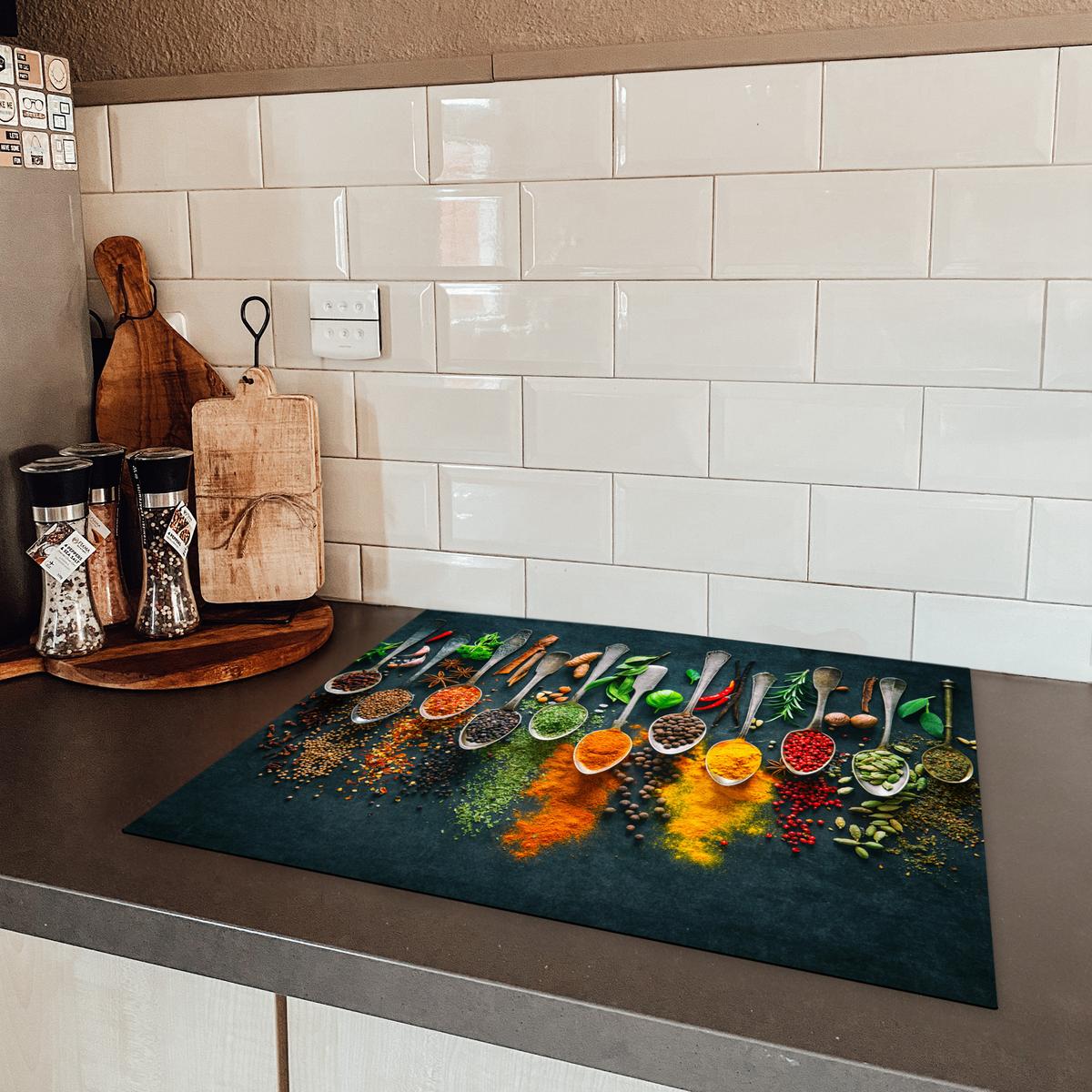 HERDABDECKPLATTE Kräuter - Gewürze - Löffel Herdabdeckung Induktionsfeld 65x52 cm - Multicolor, Kunststoff (65/52/0.2cm) - MuchoWow
