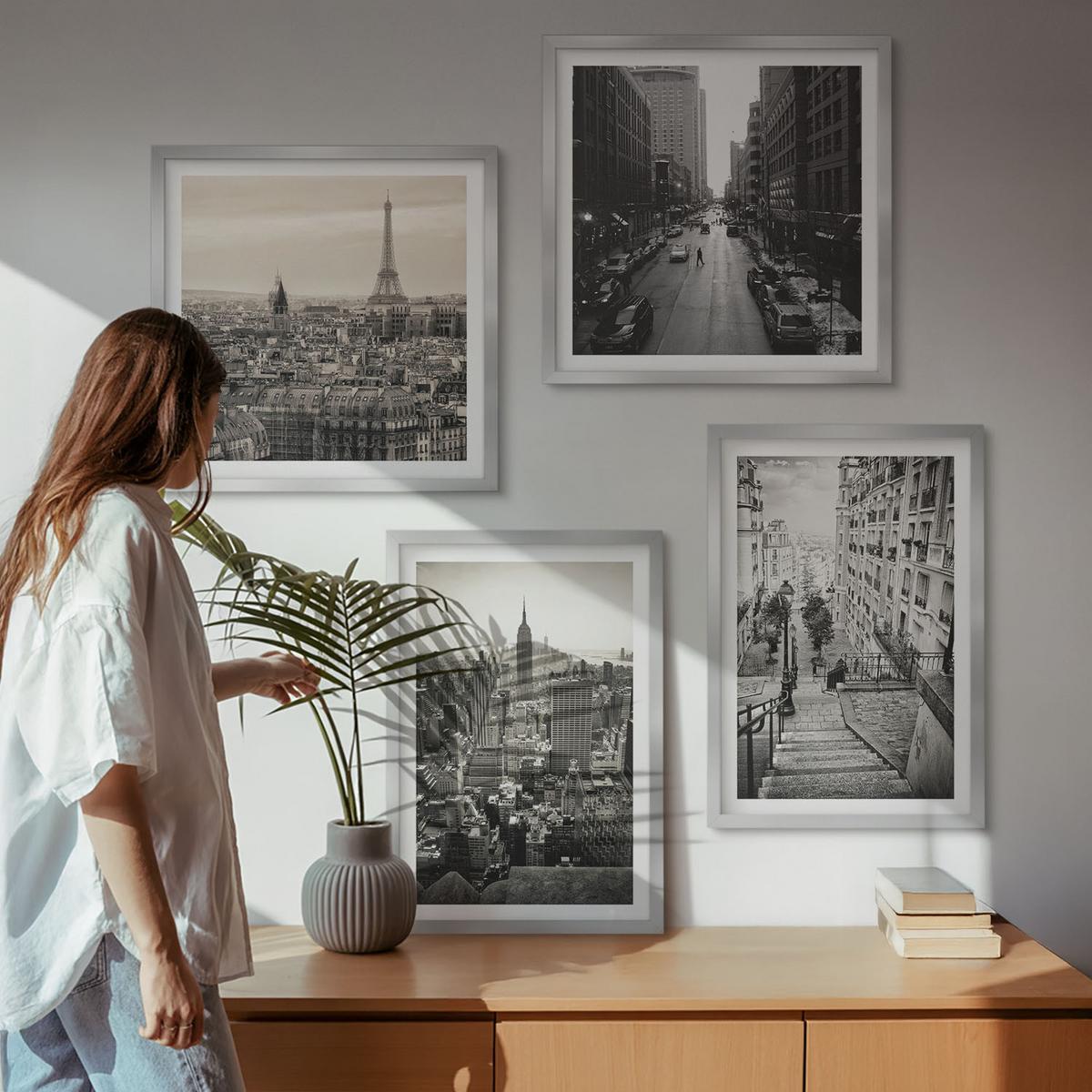 BILDER SET 4er Set - 50x50 cm & 40x60 cm Silberner Rahmen - Aussicht Paris New York Treppen - Silberfarben, Kunststoff (50/50cm) - TULUP