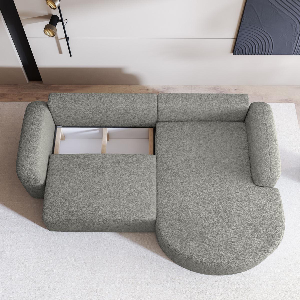 ECKSOFA AMILIA R-S Hellgrau Boucle-Stoff mit Schlaffunktion - Hellgrau, Holz (263/174cm) - MASSENO