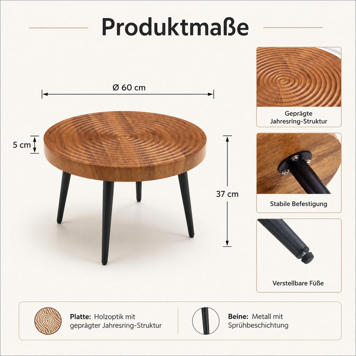 COUCHTISCH Walnussbraun Rund mit Jahresringen & Metallbeinen - Walnussfarben, Holzwerkstoff (60/60/37cm) - Urban Meuble