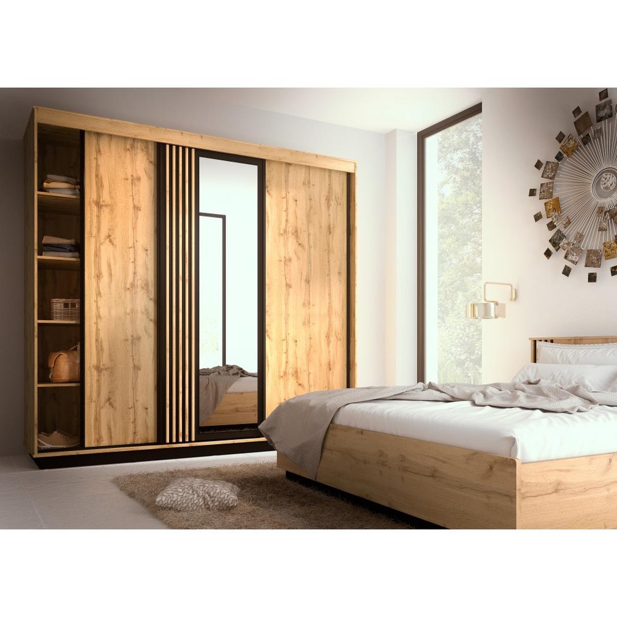 SCHWEBETÜRENSCHRANK Lamelo mit 2 Türen und Spiegel, mit Lamellen, 240 cm, Eiche Wotan - Eiche Wotan, Holzwerkstoff (240/224/52cm) - Beautysofa
