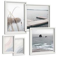 BILDER SET 5er Set - 50x50 cm & 20x30 cm & 40x60 cm Weißer Rahmen - Abstrakte Pastellwellen - Weiß, Kunststoff (40/60cm) - TULUP