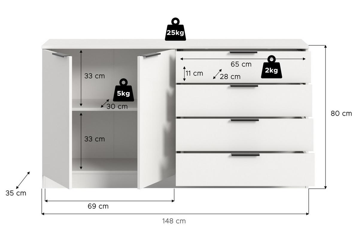 SIDEBOARD weiß 148 x 80 cm, Kommode mit viel Stauraum - Schwarz/Weiß, Holzwerkstoff/Kunststoff (148/80/35cm) - Inn.Furn