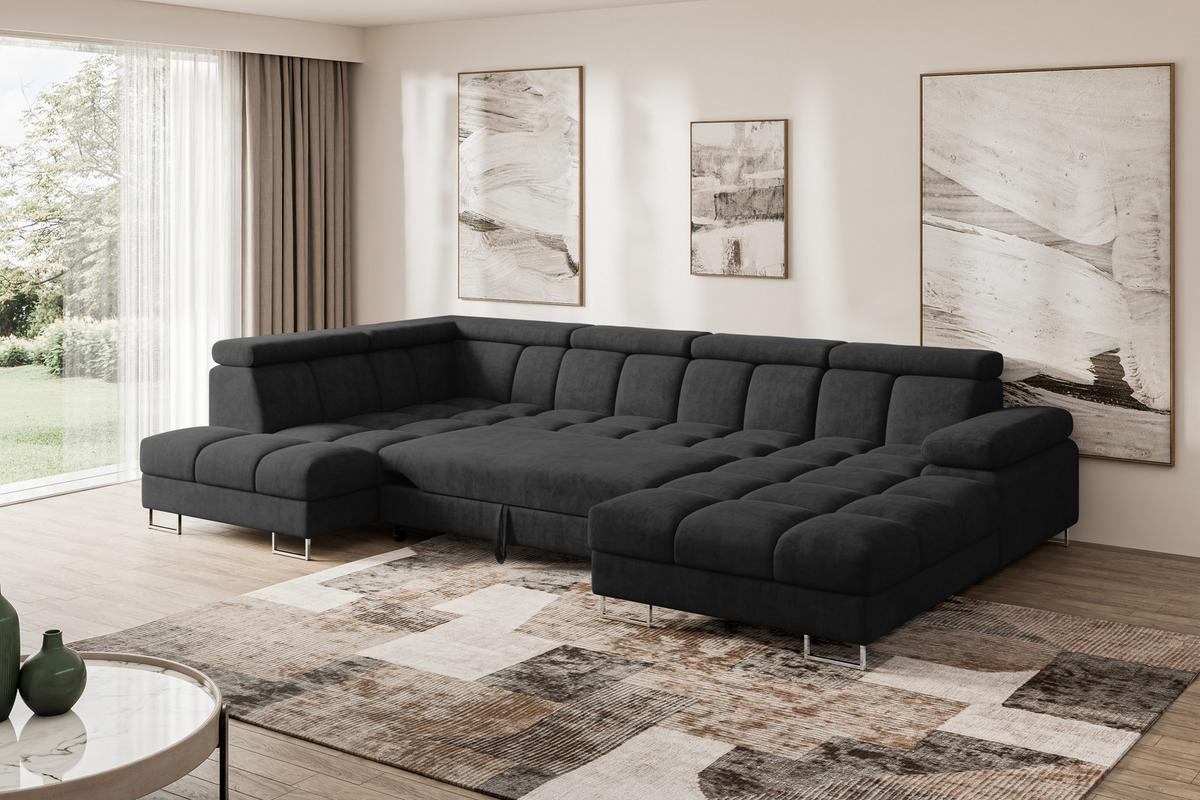 WOHNLANDSCHAFT mit Schlaffunktion und Bettkasten Ottomane Links COMA U 345x203x79 Schwarz Velours - Schwarz, Holzwerkstoff/Textil (345/79/203cm) - ALTDECOR