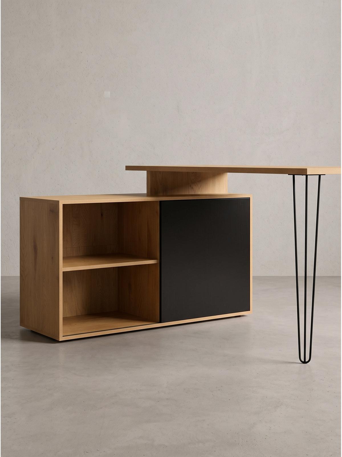 SCHREIBTISCH BRADANO, MDF, mit Ablagen, Eiche-Schwarz, 130 x 110 x 74,5 cm - Schwarz/Braun, Holzwerkstoff/Metall (110/130/74.5cm) - KADIMA DESIGN