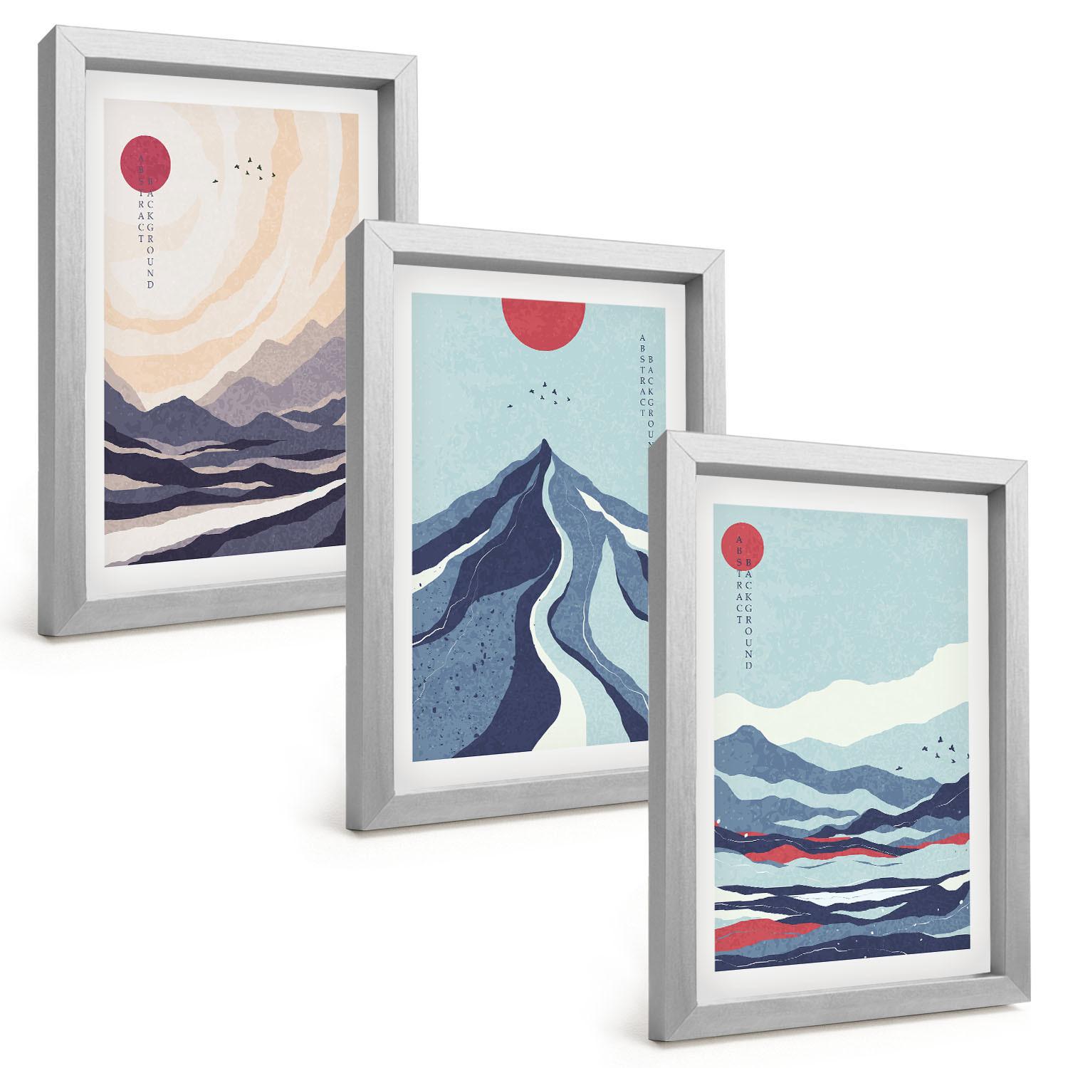 BILDER SET 3er Set - 20x30 cm Silberner Rahmen - Abstrakte japanische Berge - Silberfarben, Kunststoff (20/30cm) - TULUP