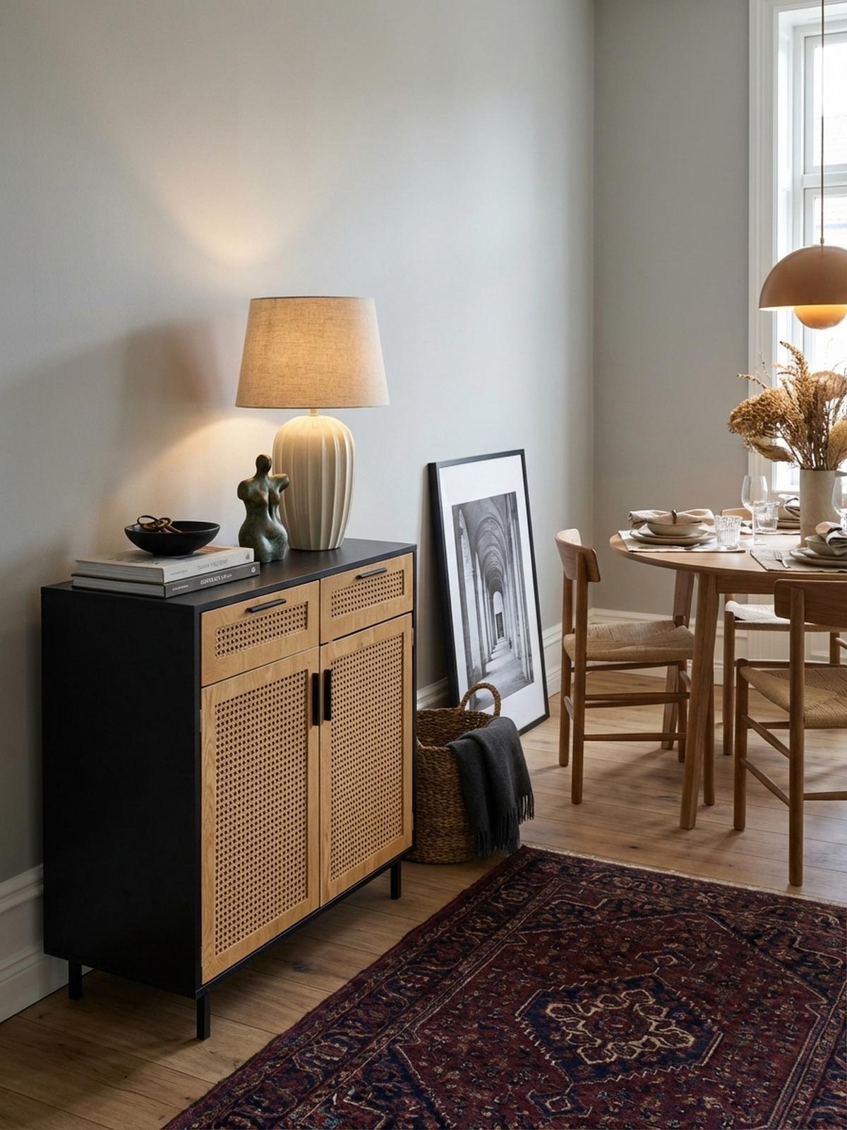 SIDEBOARD – Schwarz, 80x86,5x40 cm, mit Wiener Geflecht, 2 Türen, Schubladen, hoch - Schwarz, Holzwerkstoff/Metall (80/87/40cm) - KADIMA DESIGN