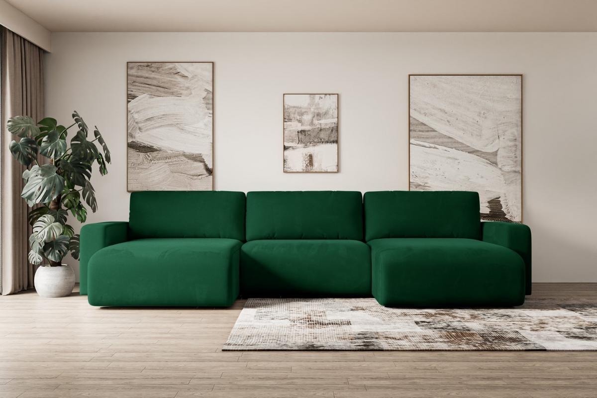 WOHNLANDSCHAFT mit Schlaffunktion und Bettkasten KLEEA-U - 347x143x83 cm Grün Velours - Schwarz/Grün, Holzwerkstoff/Kunststoff (347/83/143cm) - ALTDECOR