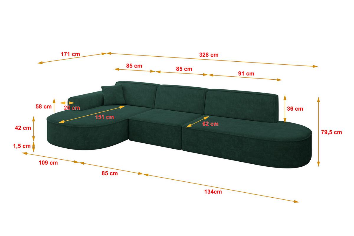 ECKSOFA Ottomane Links MARI-L2 - 328x171x79 cm Grün Velours - Schwarz/Grün, Holzwerkstoff/Kunststoff (328/171cm) - ALTDECOR