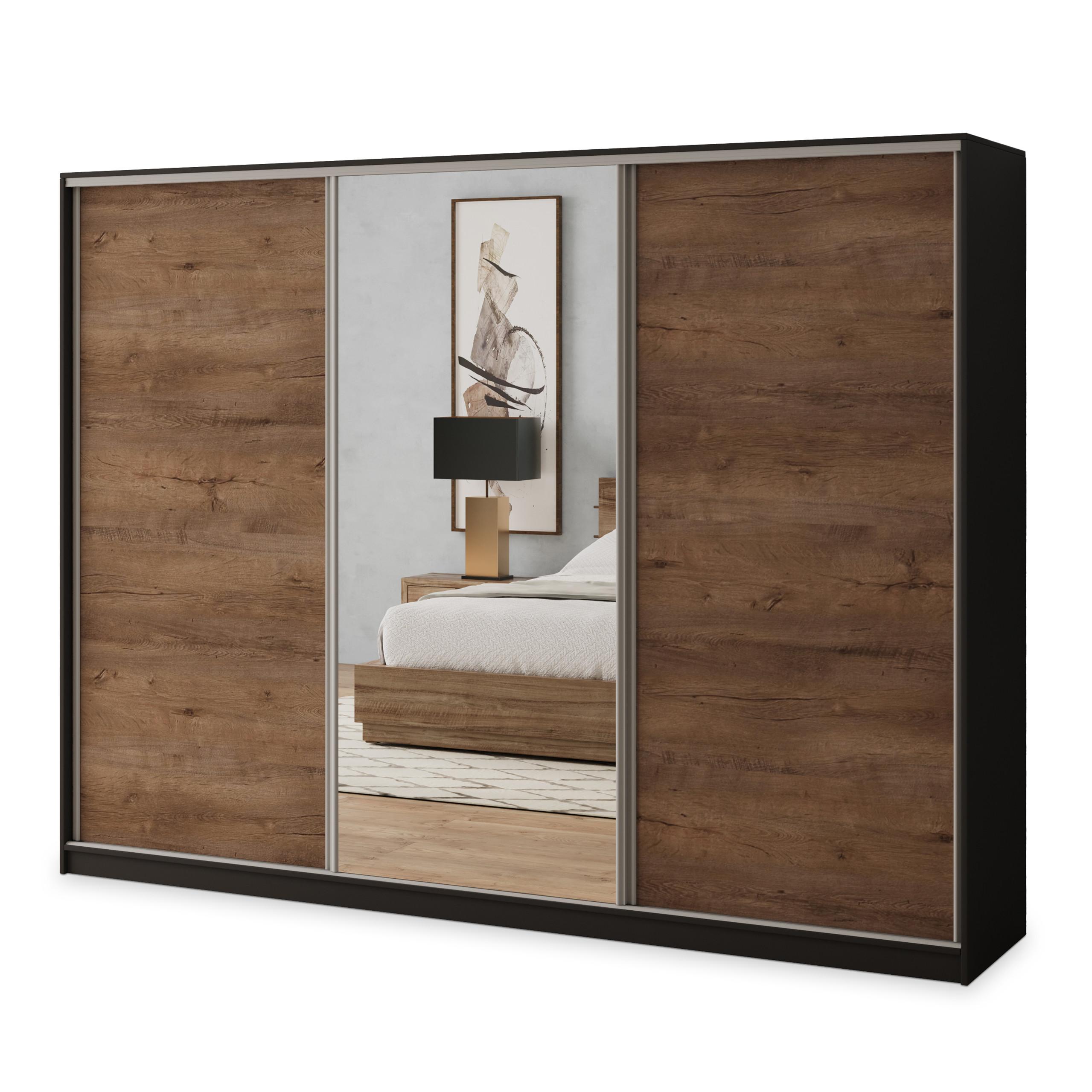 SCHWEBETÜRENSCHRANK SORE 270/205/58 cm 3-türig mit Spiegel und 4 Schubladen Schwarz - Eichefarben/Schwarz, Holzwerkstoff (270/205/58cm) - MASSENO