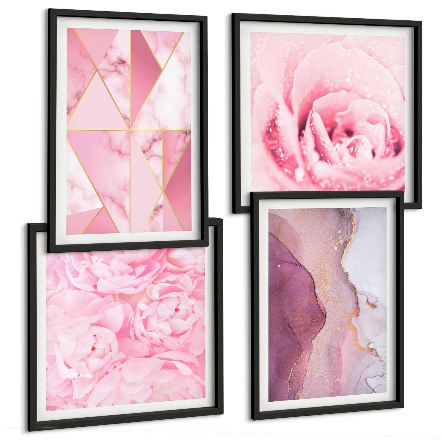 BILDER SET 4er Set - 50x50 cm & 40x60 cm Schwarzer Rahmen - Rosa geometrische Pfingstrosen - Schwarz, Kunststoff (50/50cm) - TULUP