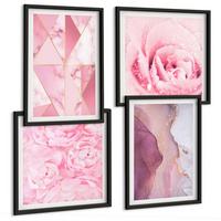 BILDER SET 4er Set - 50x50 cm & 40x60 cm Schwarzer Rahmen - Rosa geometrische Pfingstrosen - Schwarz, Kunststoff (50/50cm) - TULUP