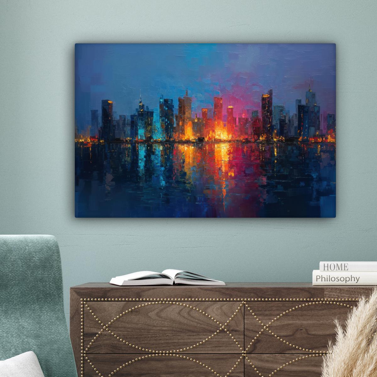 LEINWANDBILD Skyline - Pinselstriche - Dunkelblau - Leuchtend Gemälde 60x40 cm - Blau, Textil (60/40cm) - MuchoWow