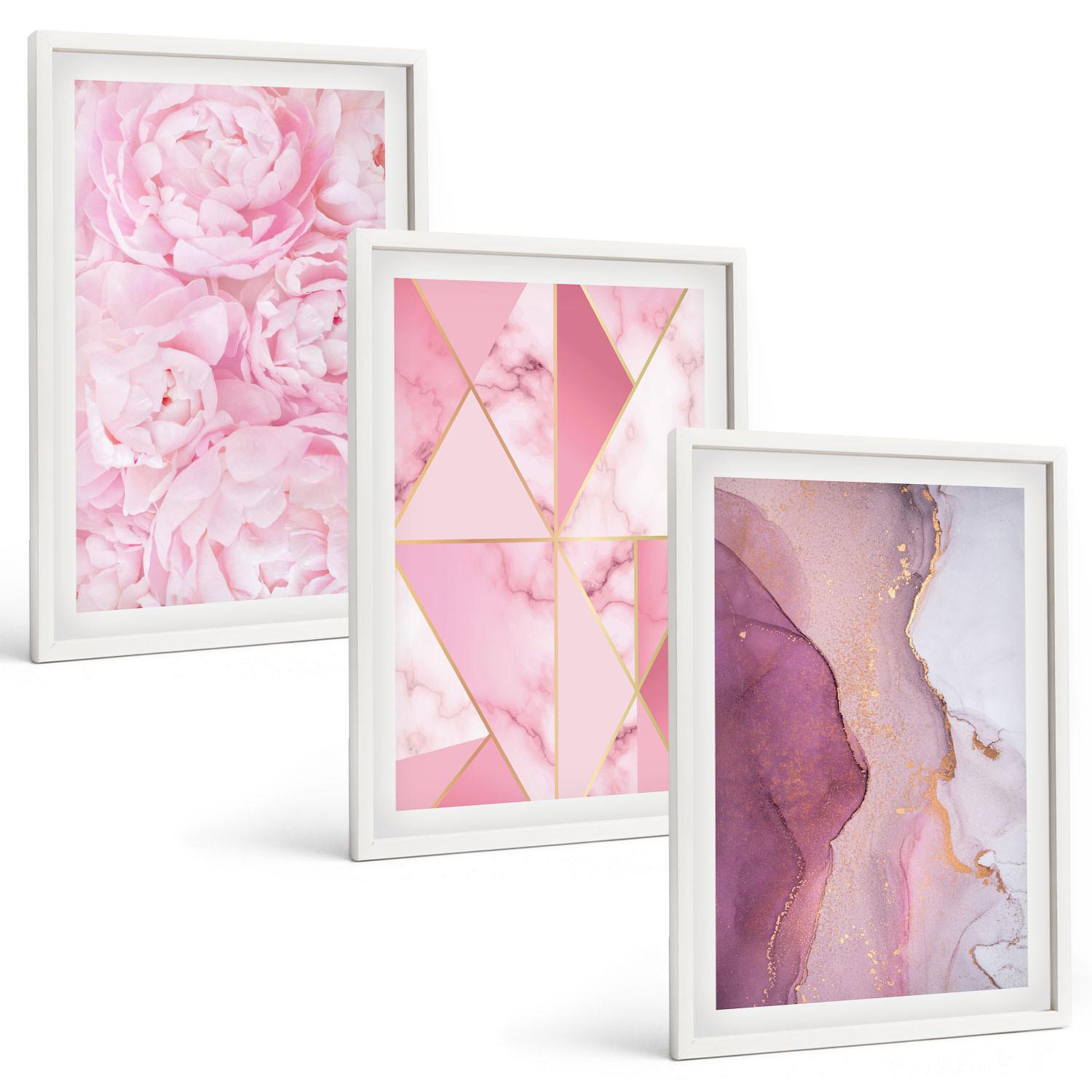 BILDER SET 3er Set - 40x60 cm Weißer Rahmen - Rosa geometrische Pfingstrosen - Weiß, Kunststoff (40/60cm) - TULUP
