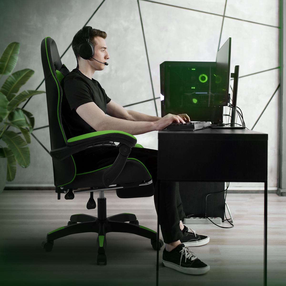 GAMINGSTUHL Schwarz-Grün aus Kunstleder - Schwarz/Grün, Kunststoff/Metall (62/119/62cm) - ML-DESIGN