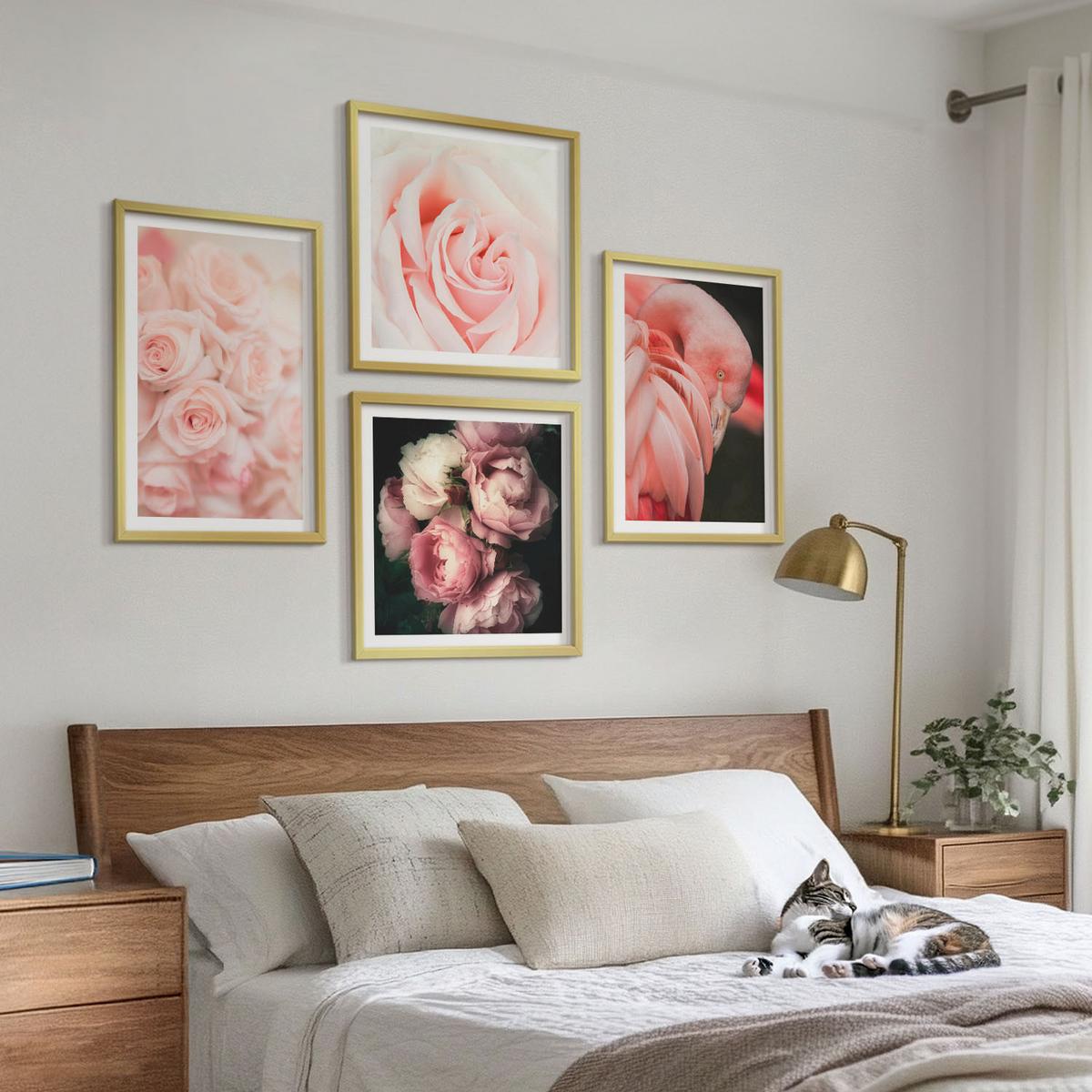 BILDER SET 4er Set - 50x50 cm & 40x60 cm Goldrahmen - Pastellrosa Flamingos - Goldfarben, Kunststoff (50/50cm) - TULUP