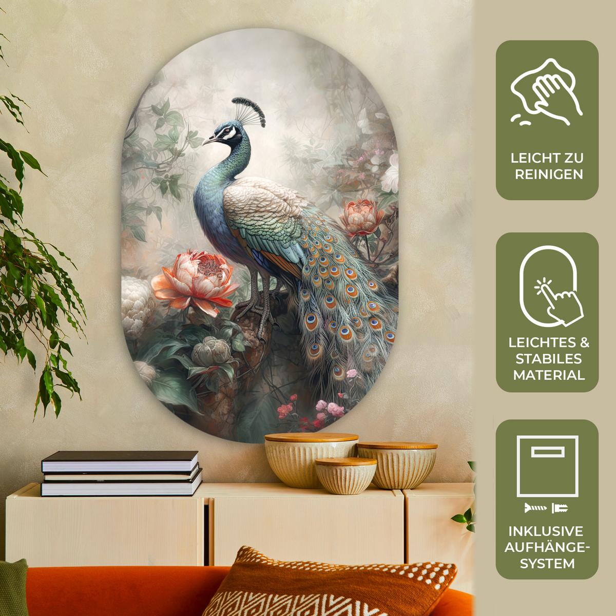 WANDBILD Pfau - Pfauenfedern - Vogel - Dschungel - Blumen Deko Groß 80x120 cm - Smaragdgrün, Kunststoff (80/120cm) - MuchoWow
