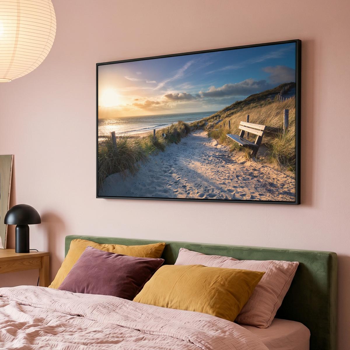 LEINWAND Bilder mit Rahmen - Sonnenuntergang - Strand - Düne - Gras - Ufer - 120x80 - Sandfarben, Textil (120/80cm) - MuchoWow