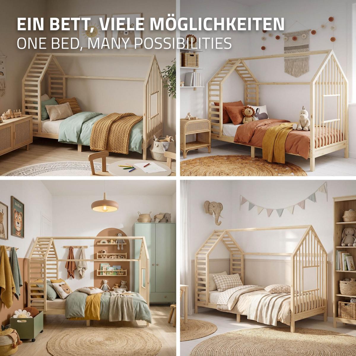 KINDERBETT 90x200 cm mit Lattenrost Dach und Fenster Hausbett aus massivem Kiefernholz Natur - Naturfarben, Holz (90/200cm) - ML-DESIGN