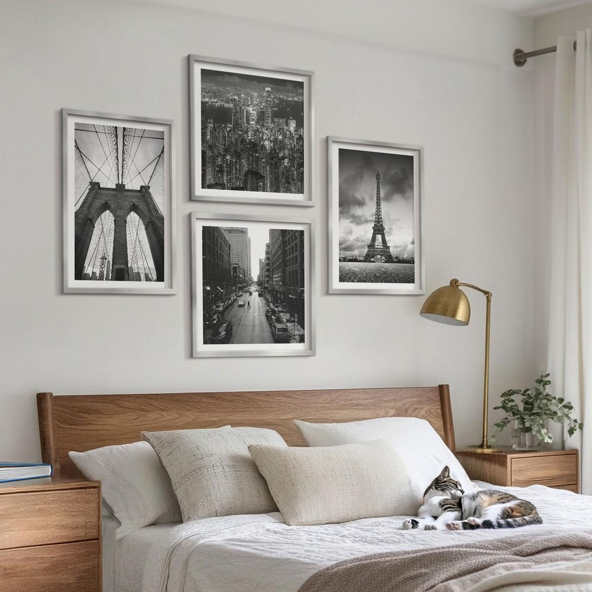BILDER SET 4er Set - 50x50 cm & 40x60 cm Silberner Rahmen - Monochromatische Brückentürme - Silberfarben, Kunststoff (50/50cm) - TULUP
