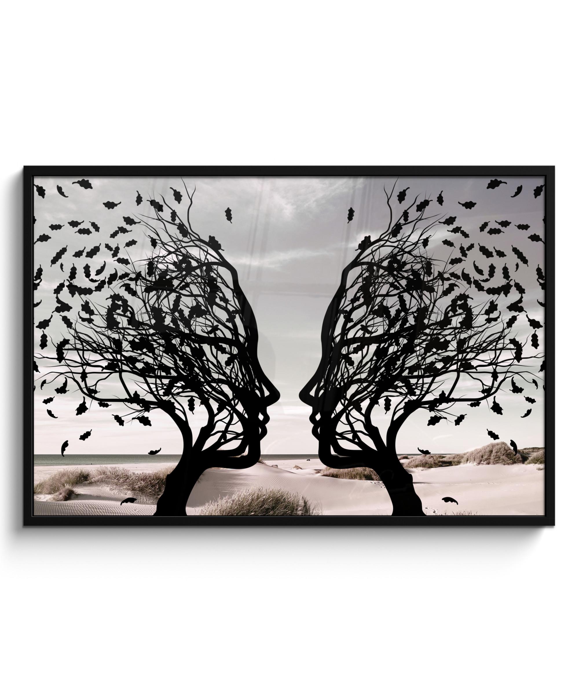 POSTER MIT RAHMEN Strand - Meer - Menschen - Baum - Moderne Kunst 120x80 cm - Hellgrau, Papier (120/80cm) - MuchoWow