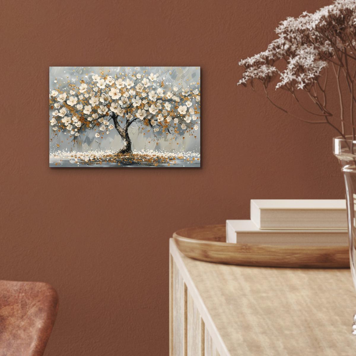 METALLBILD Baum - Blumen - Weiß - Natur - Kunst 30x20 cm - Weiß, Metall (30/20cm) - MuchoWow