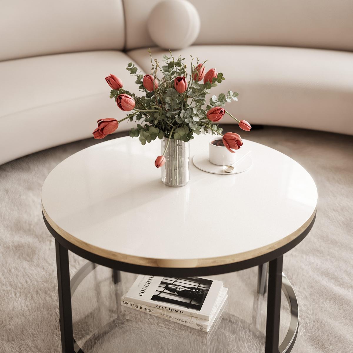 COUCHTISCH CANDY 60/42 cm runden, Schwarz / Weiß Hochglanz / Gold - Weiß Hochglanz/Schwarz, Glas/Metall (60/60/42cm) - Idohome