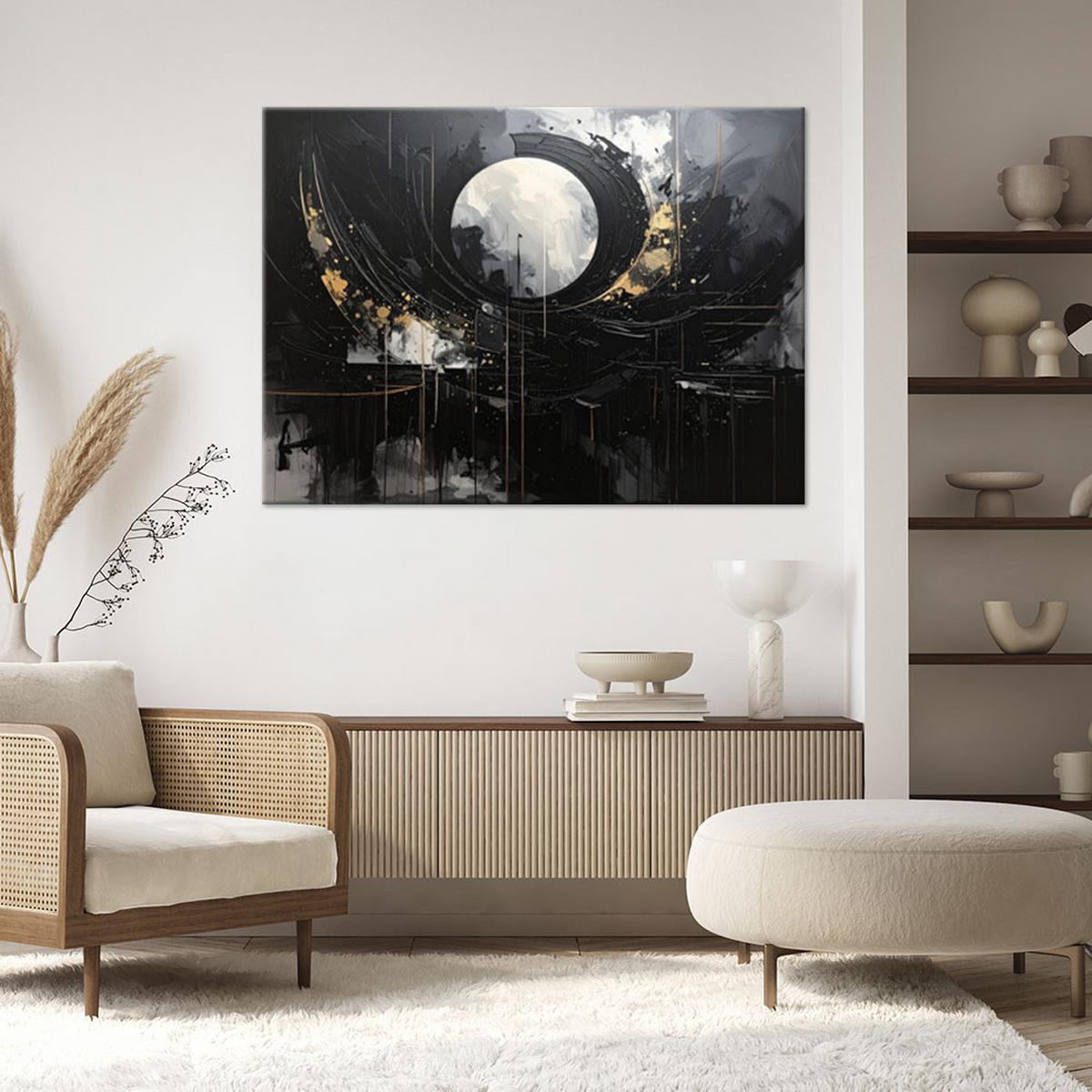 LEINWANDBILD, Mond über einer nächtlichen Stadt in goldenen Reflexen - Schwarz, Textil (120/80cm) - Feeby