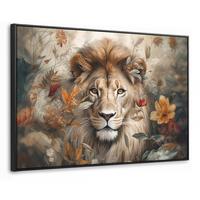 LEINWAND Bilder mit Rahmen - Löwe - Wildtiere - Pflanzen - Natur - Blumen - 90x60 - Beige, Textil (90/60cm) - MuchoWow