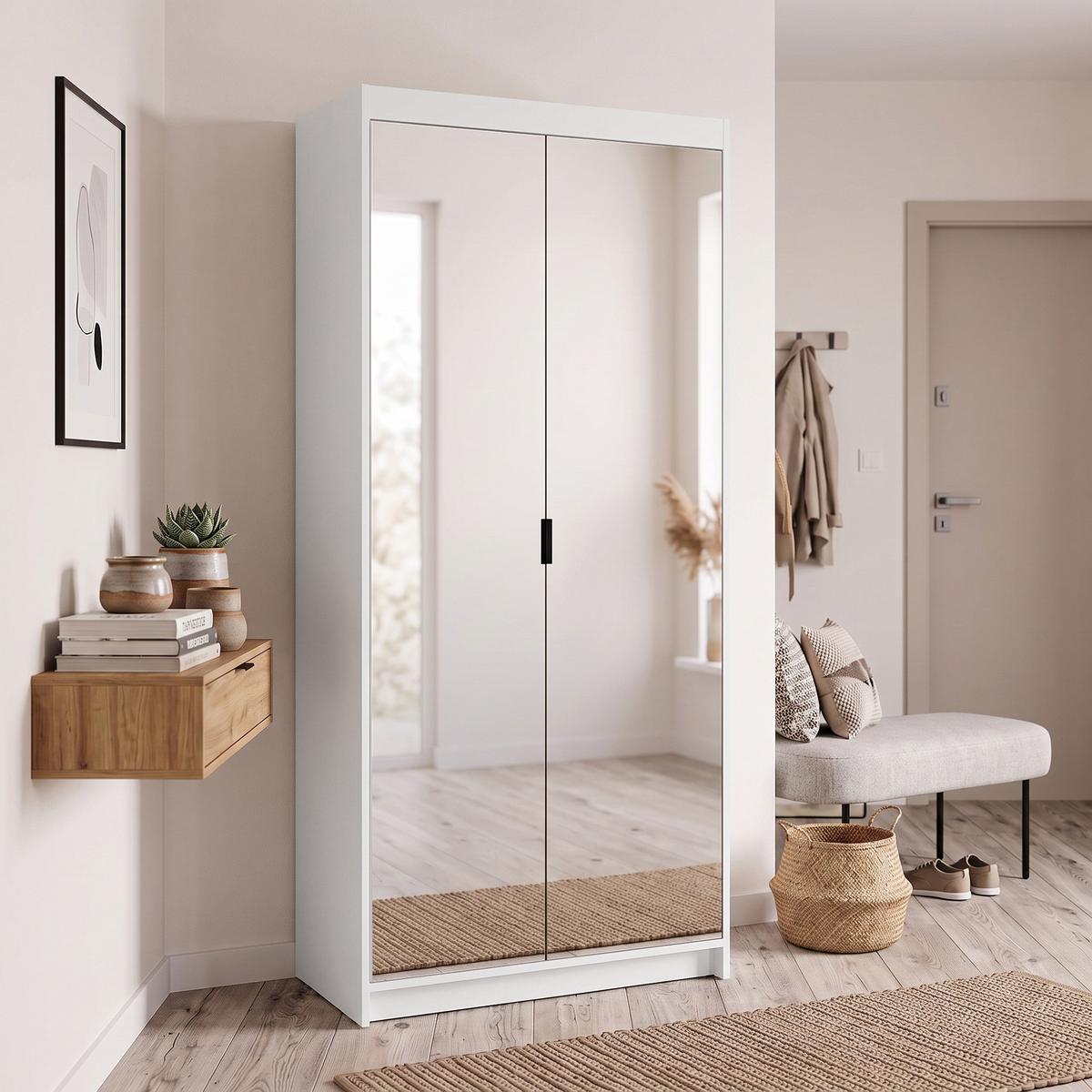 DREHTÜRENSCHRANK Elena mit 2 Türen und 2 Spiegel, 90 cm, Weiß - Weiß, Holzwerkstoff (90/190/53cm) - Beautysofa