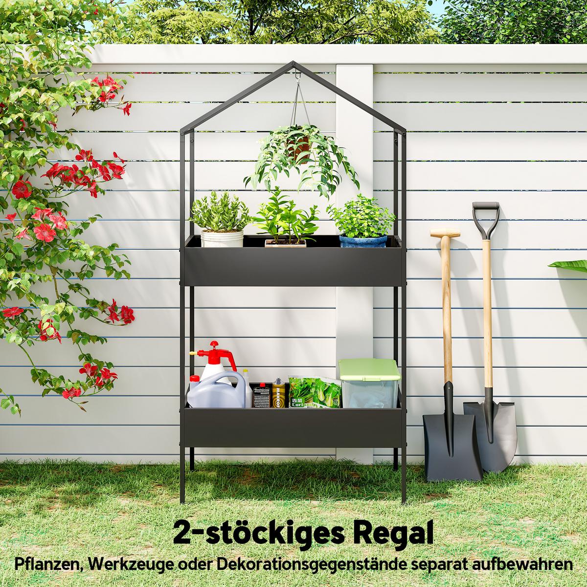 2-ETAGEN Pflanzenständer in Hausform, 150 cm hoch Blumenständer mit Haken - Schwarz, Kunststoff/Metall (35/150/75cm) - Outsunny