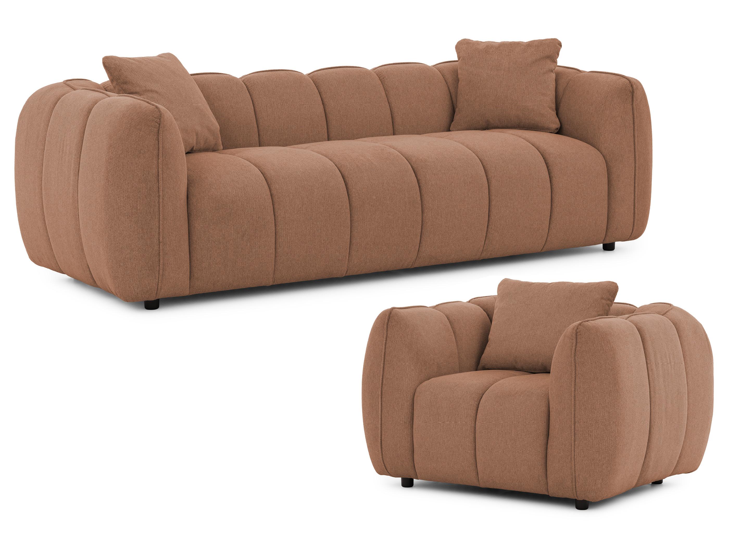 SITZGARNITUR 3+1 Nubira in tief gesteppter Bubble-Optik aus weichem Terrakotta Strukturstoff im modernen Design - Terracotta/Schwarz, Holz/Kunststoff (228/69/89cm) - S-Style Möbel