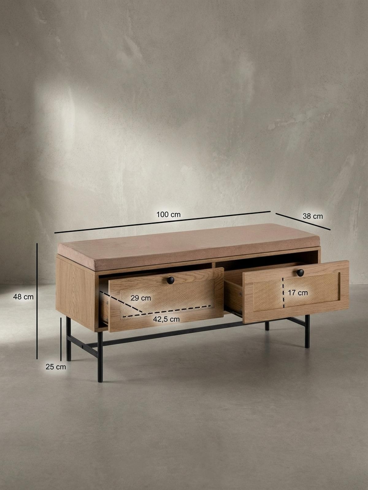 SCHUHBANK – 100x48x38 cm, Eiche-Dekor, Sitzfläche Stoff, mit Schubladen - Beige/Schwarz, Textil/Metall (100/48/38cm) - KADIMA DESIGN