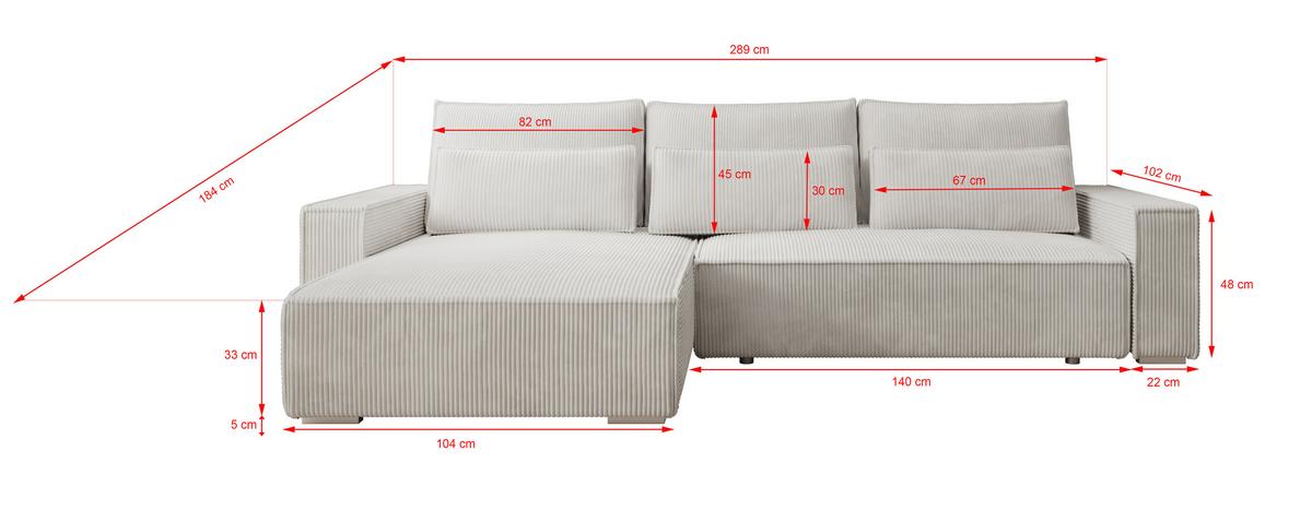 ECKSOFA Alice mit Bettkasten und Schlaffunktion, Cordstoff in L-Form - Creme, Textil (289/184cm)