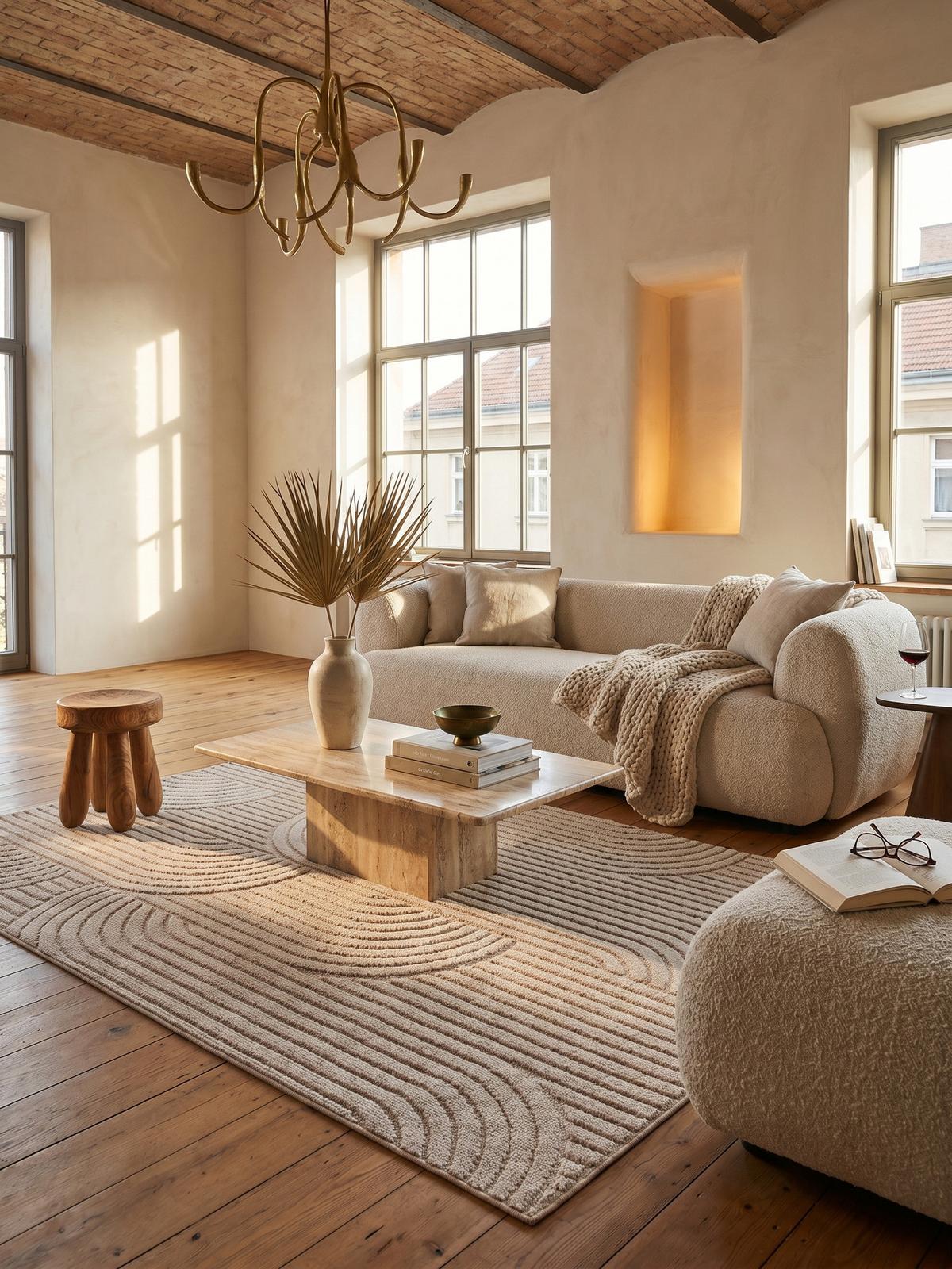 TEPPICH Flachgewebe LANGAU in Beige, mit geometrischen Bögen, 60 x 110 cm - Beige, Textil (110/60cm) - KADIMA DESIGN