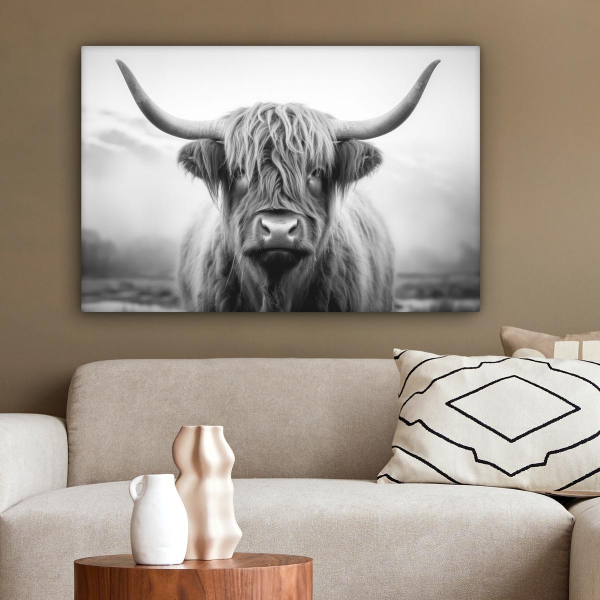 LEINWANDBILD Schottischer Highlander - Nebel - Schwarz - Weiß Gemälde 60x40 cm - Grau, Textil (60/40cm) - MuchoWow