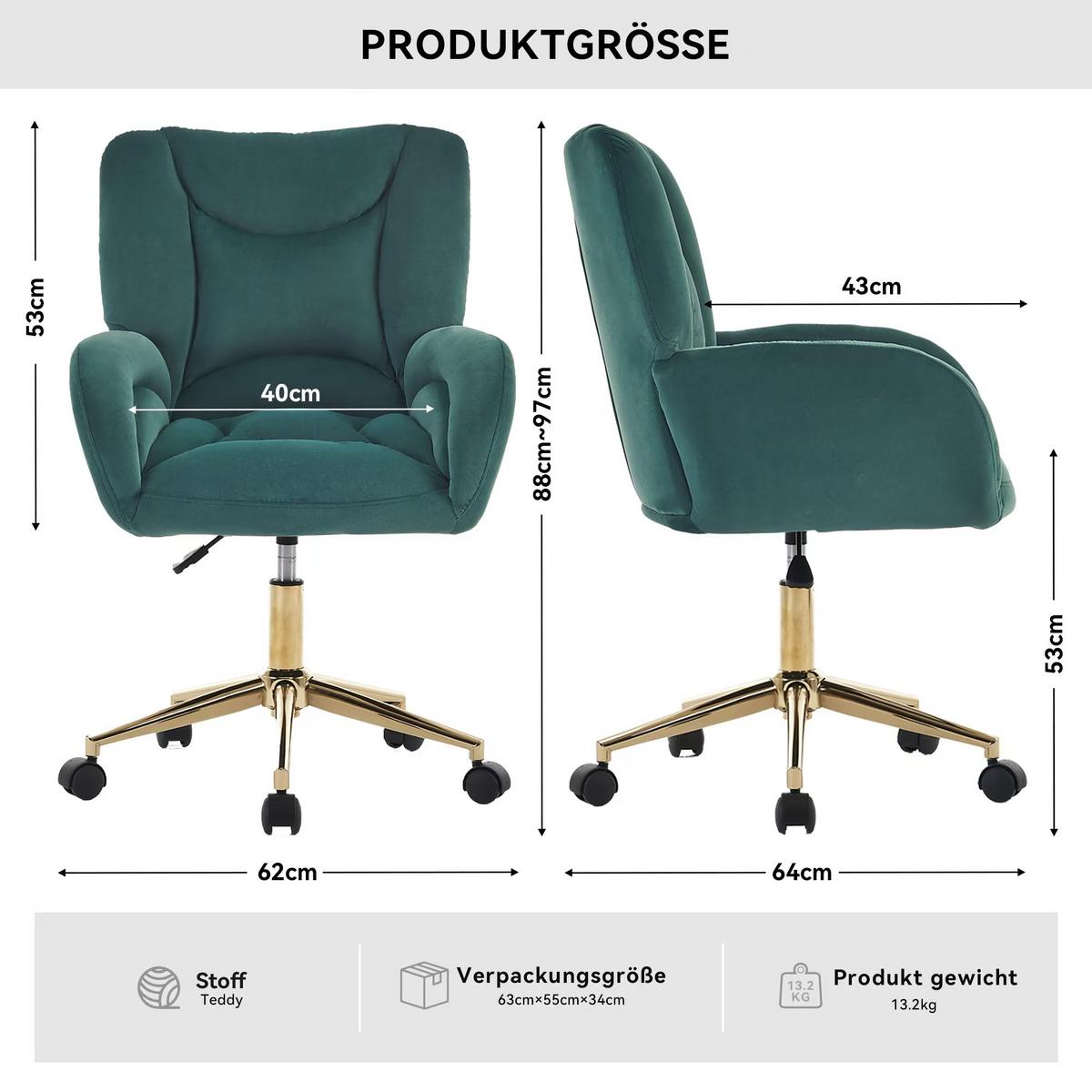 BÜROSTUHL Samt Höhenverstellbar Goldene Beine - Grün, Textil (64/92.5/62cm) - Urban Meuble